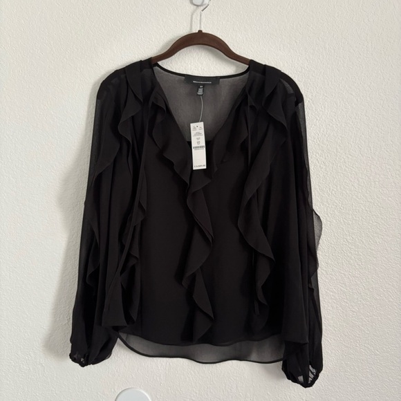 NWT White House Black Market Size XS Black Long Sleeve Ruffled Tie Neck Blouse - Picture 2 of 7
